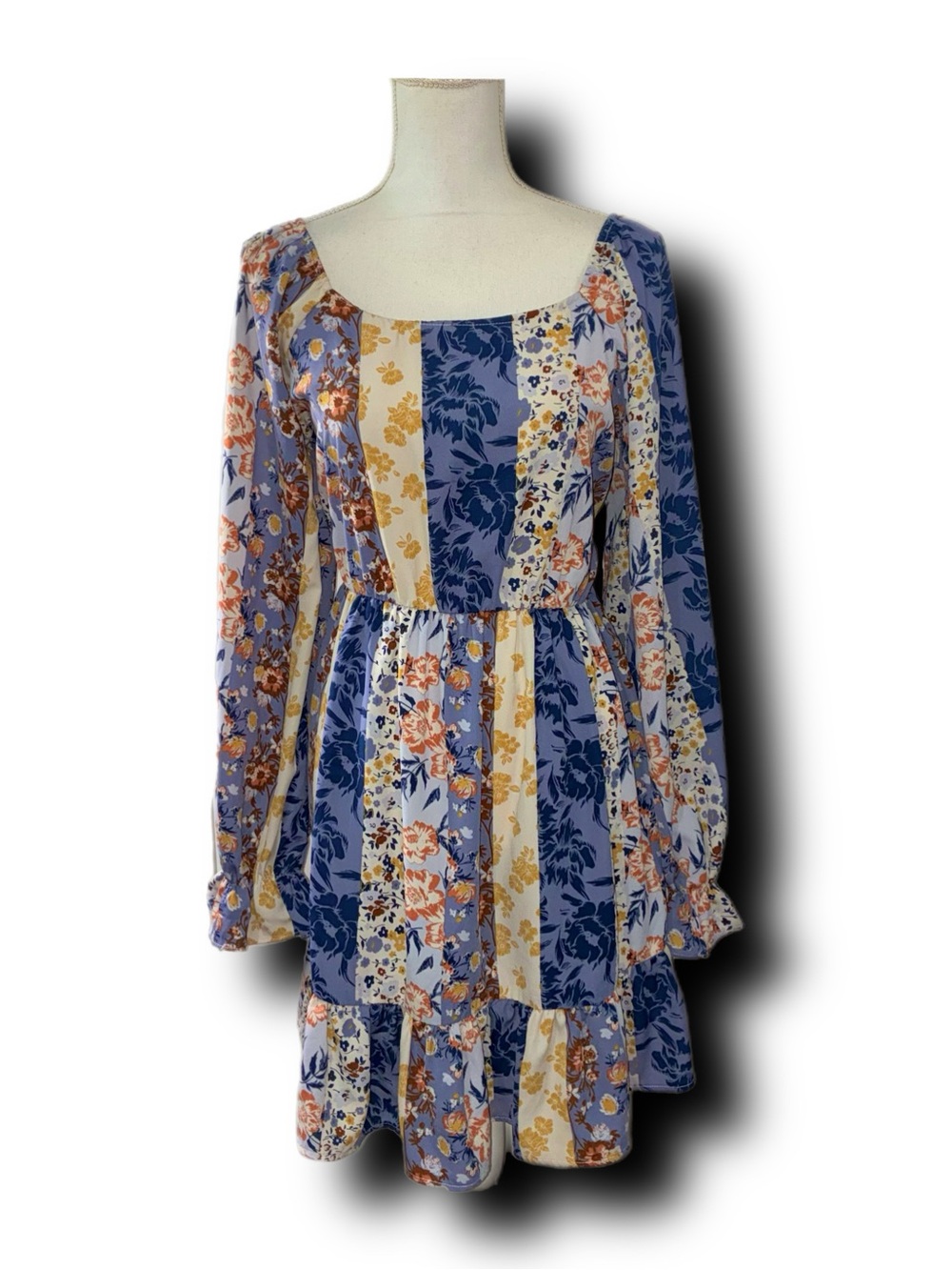Hailey & Co Floral Patchwork Long Sleeve Boho Mini Dress Cottagecore Vibes